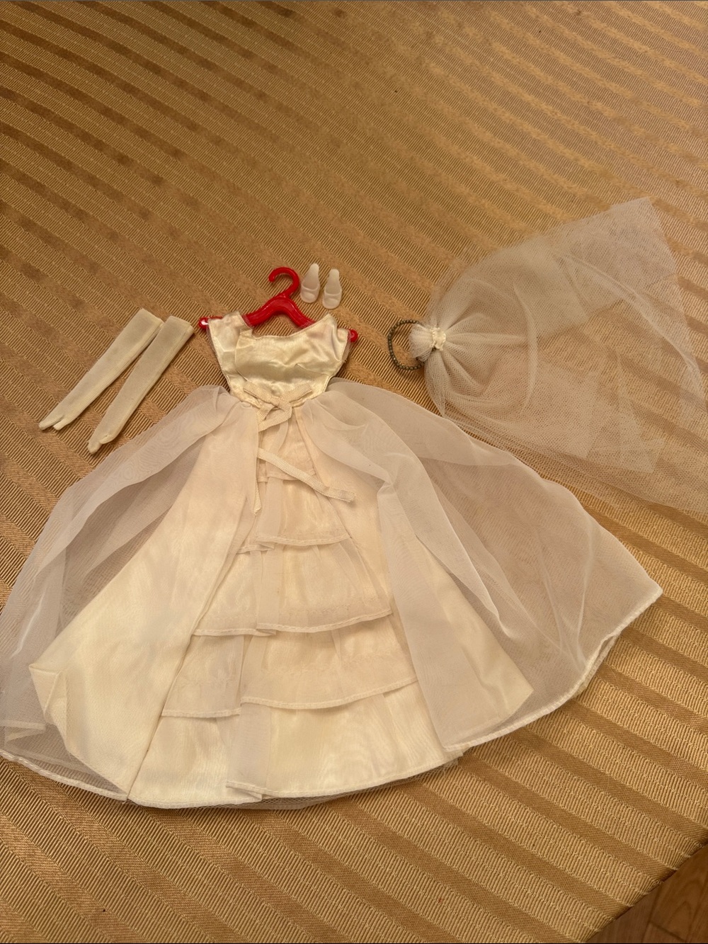 Vintage White Doll Bridal Gown Set with Veil and Gloves